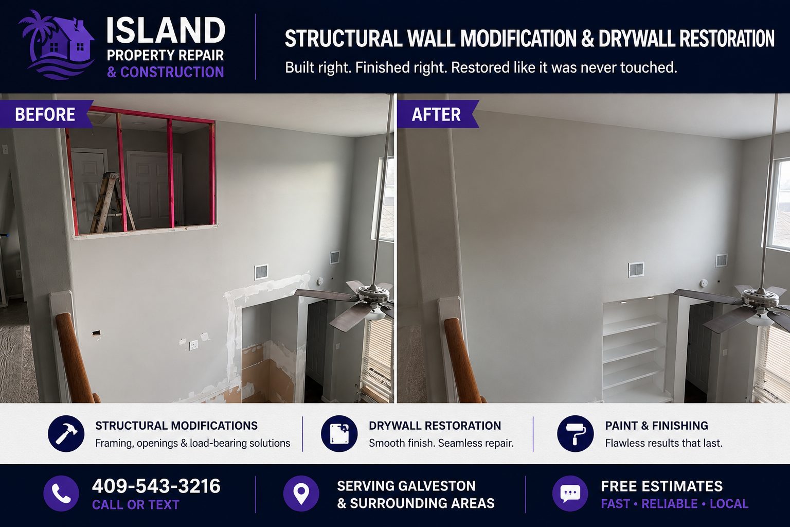 Open Concept Remodel project by Island Property Repair and Construction in Galveston